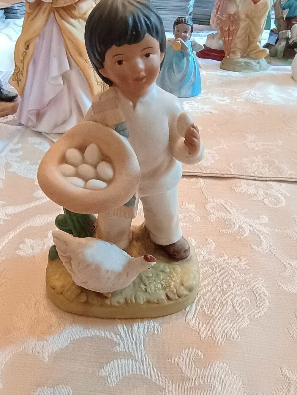 Porcelain Native Latino Farm Boy with Hen & Eggs Figurine 5 x 3 in Homco